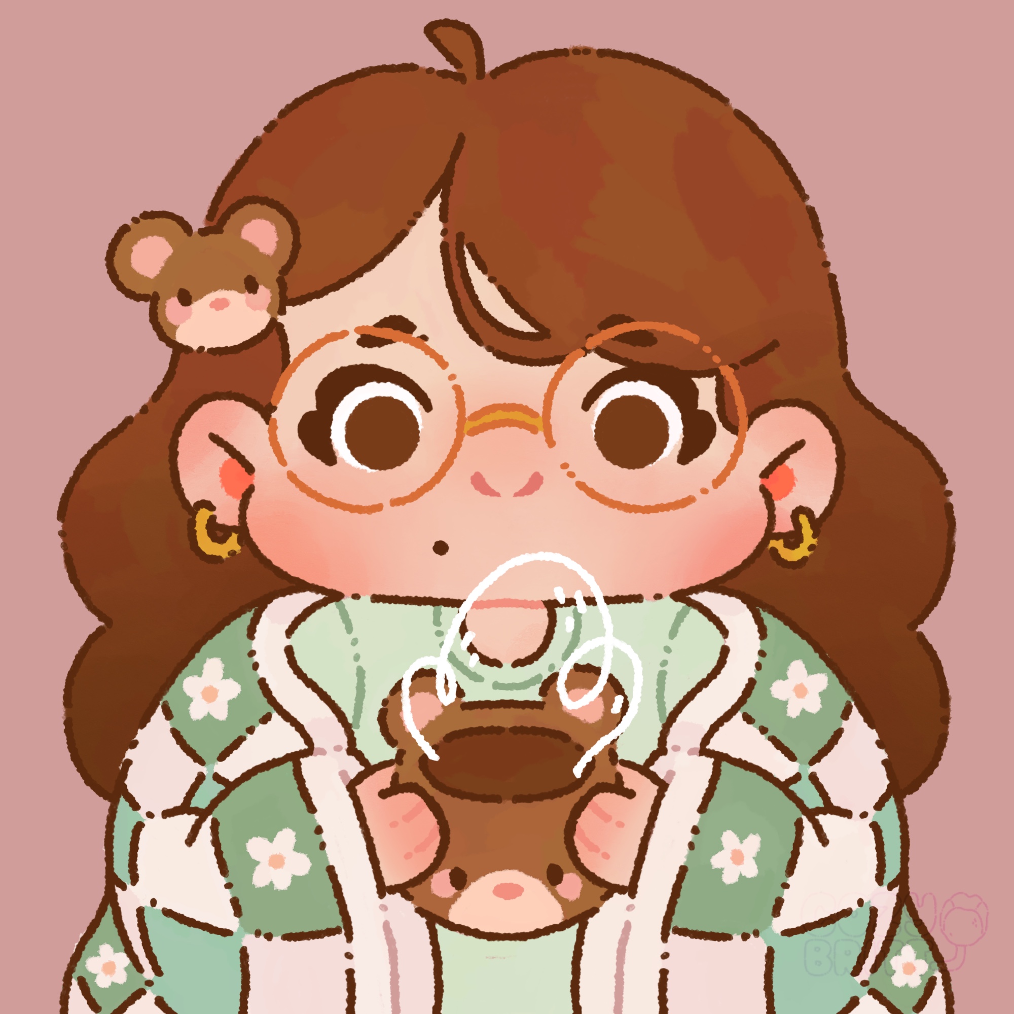 Cute chibi girl with brown hair holding a bear mug in a cute quilt blanket