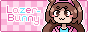 Lazer Bunny Pixel Art Button with a cute bunny girl with brown hair winking, and holding up a peace sign.