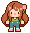 cute pixel art girl with brown hair, overalls, a green shirt, and a tulip in her hair dancing