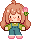 cute pixel art girl with brown hair, overalls, a green shirt, and a tulip in her hair dancing
